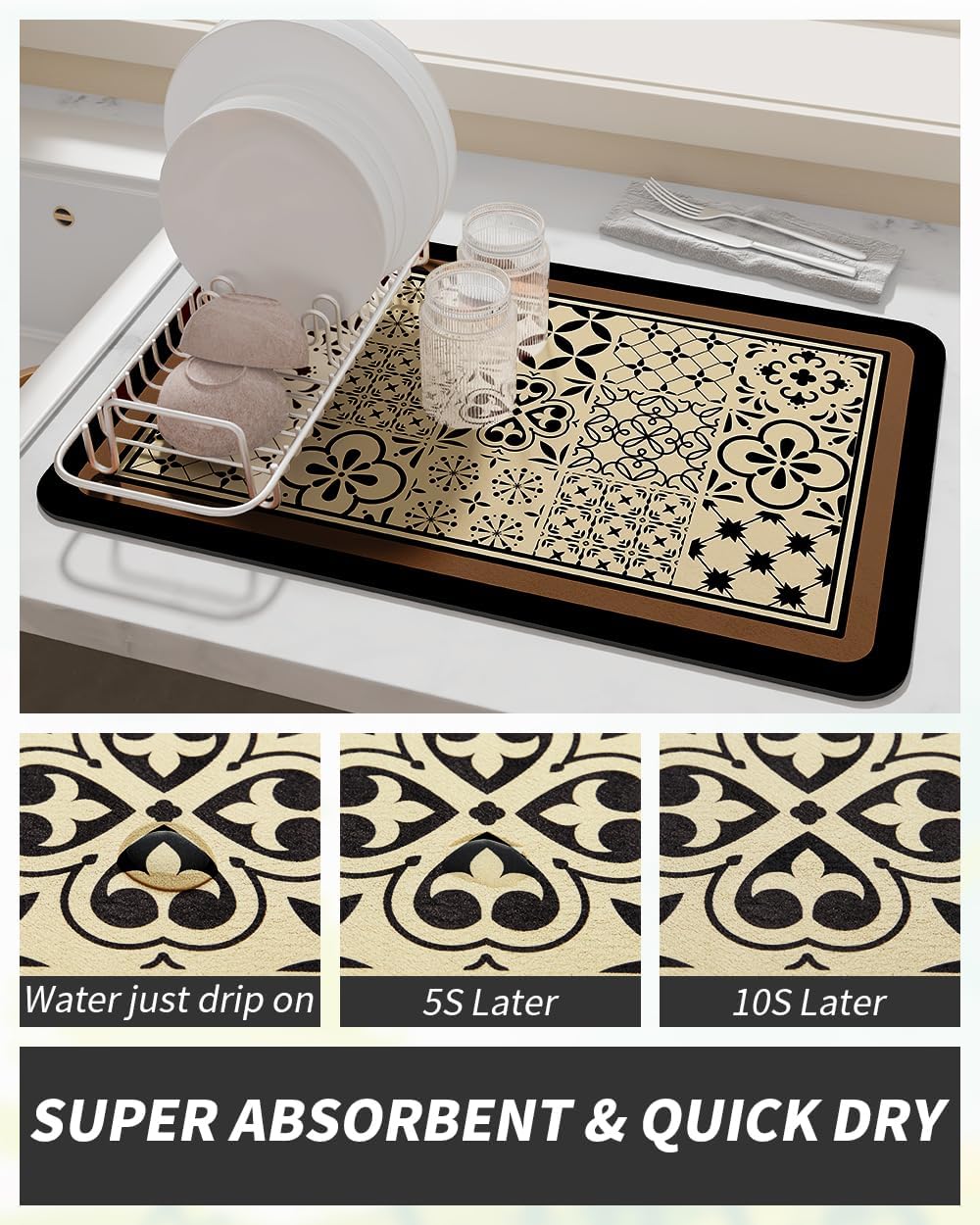 AMOAMI Coffee Mat Hide Stain Rubber Backed Absorbent Dish Drying Mat for Kitchen Counter - Fits