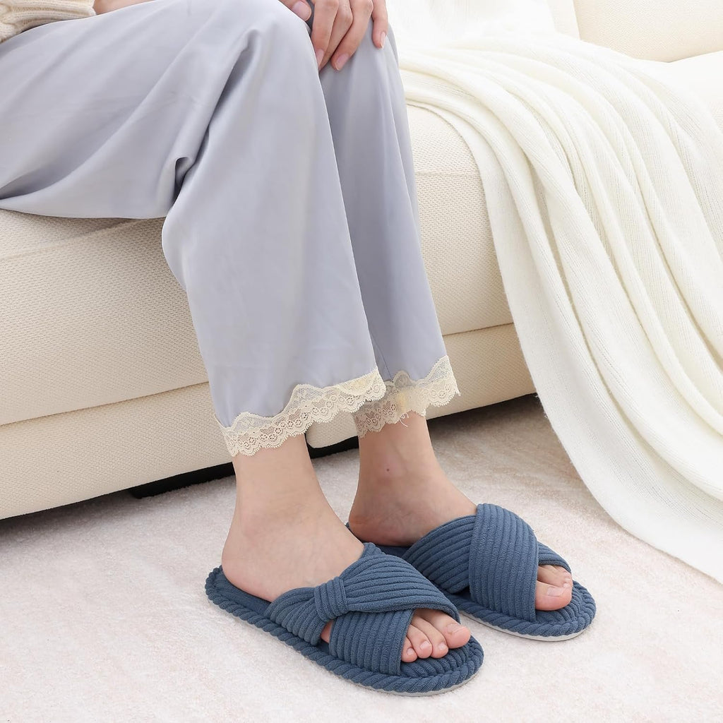 Evshine Summer House Slippers for Women Corduroy Cross Bow Indoor Slippers Open Toe Slip On Bedroom