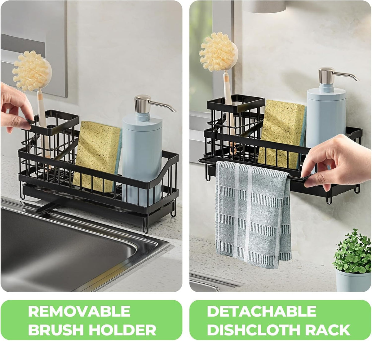 Sink Caddy kitchen Organzier with High Brush Holder, Wall-Mounted Sponge Holder for Sink