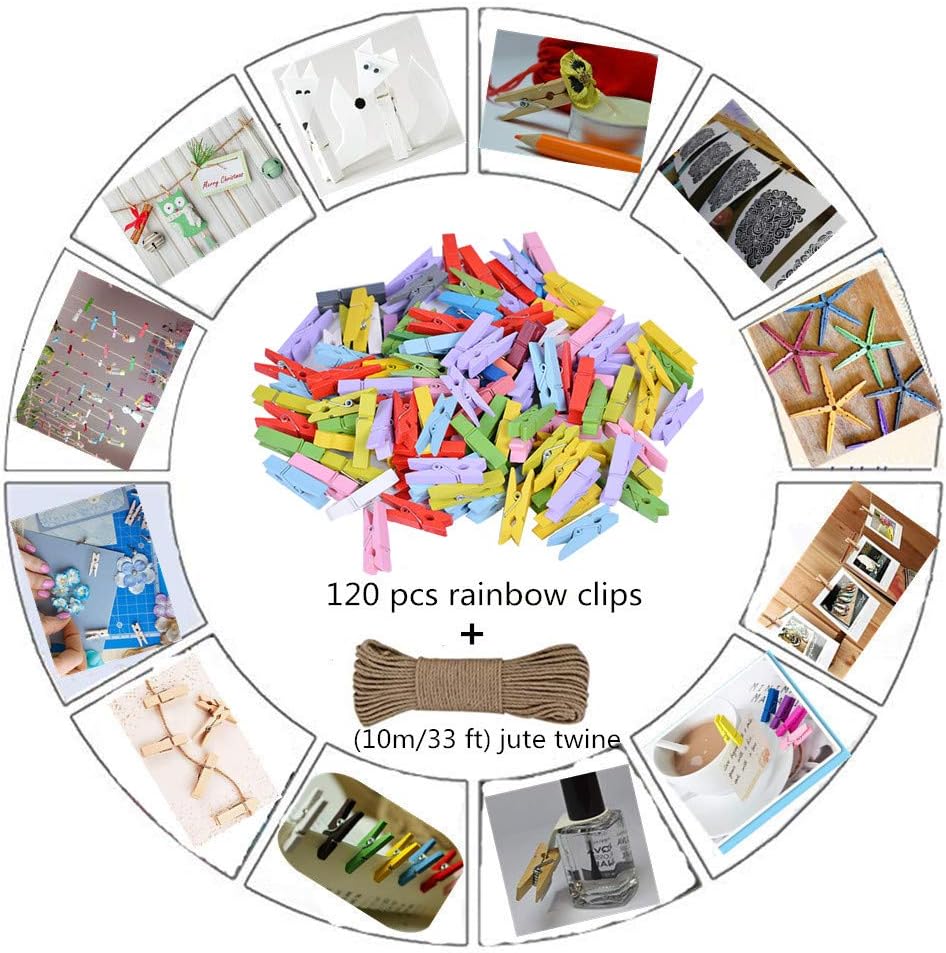DurReus 50 Piece Small Wood Clips Mini Clothespins with Spring Jute Twine Durable Wall Peg Pin for