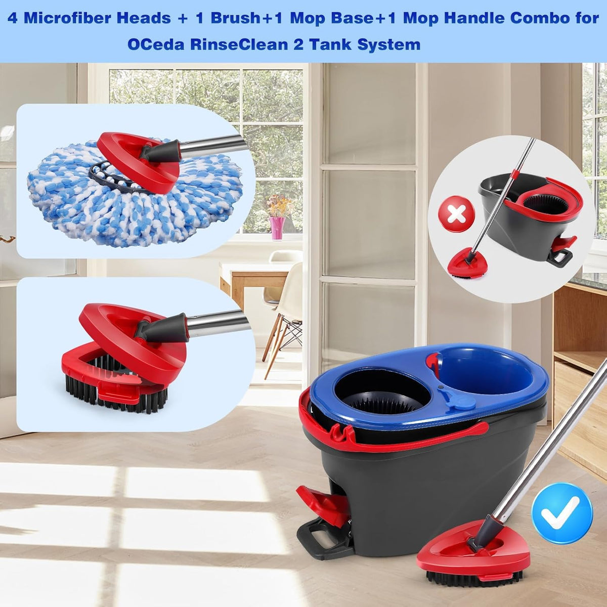 4 Pcs Mop Replace Heads & 1 Scrub Brush & 1 Base Combo for Ocedar Easywring 2-Tank System