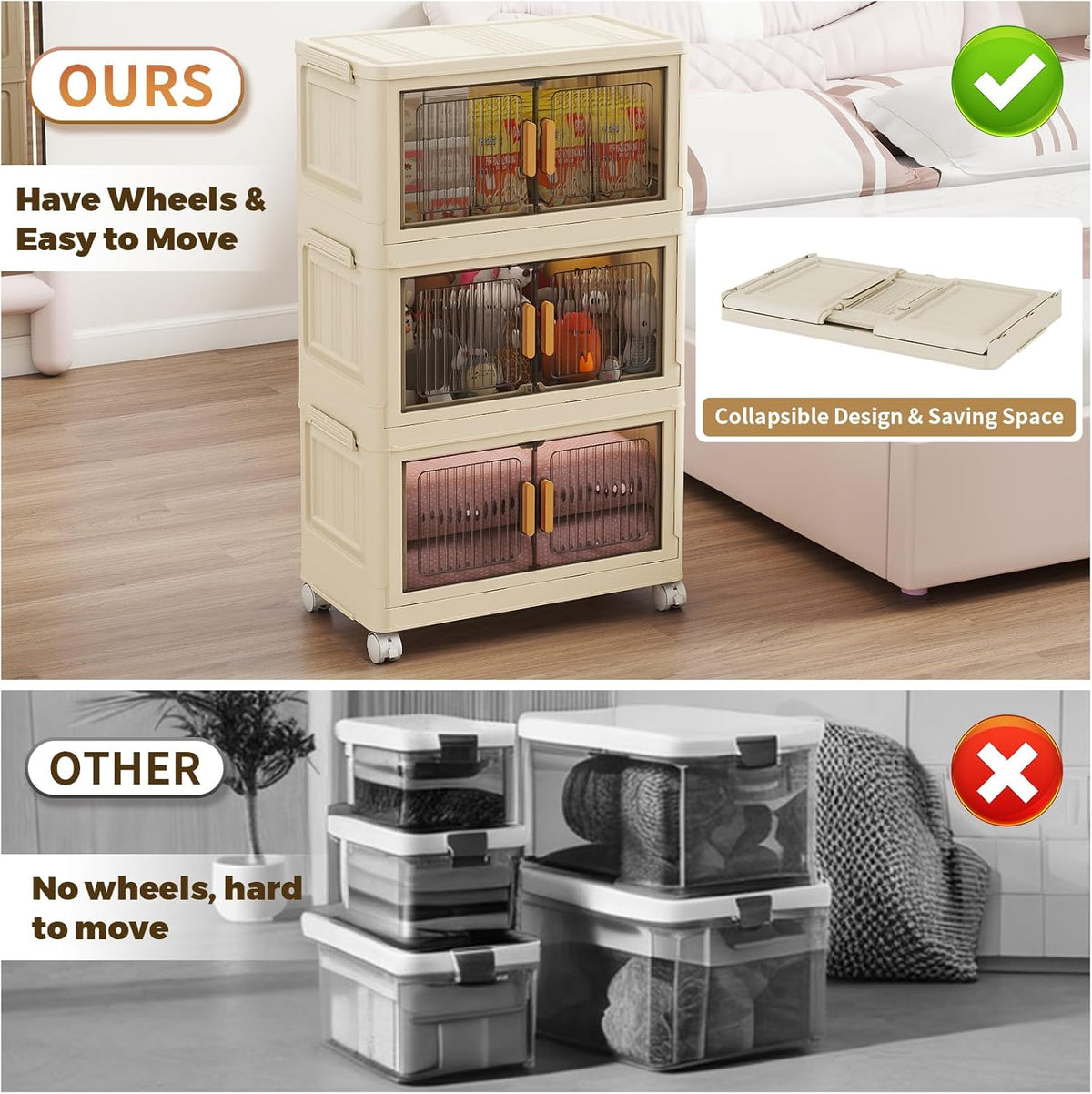 3 Tier Stackable Plastic Storage Bins with Lids 48QT, Collapsible Closet Organizers and Storage