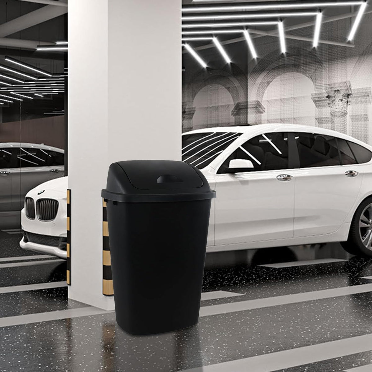 13 Gallon 4-Pack Garbage Cans with Swing Top Lid, Plastic Tall Kitchen Trash Cans, Black
