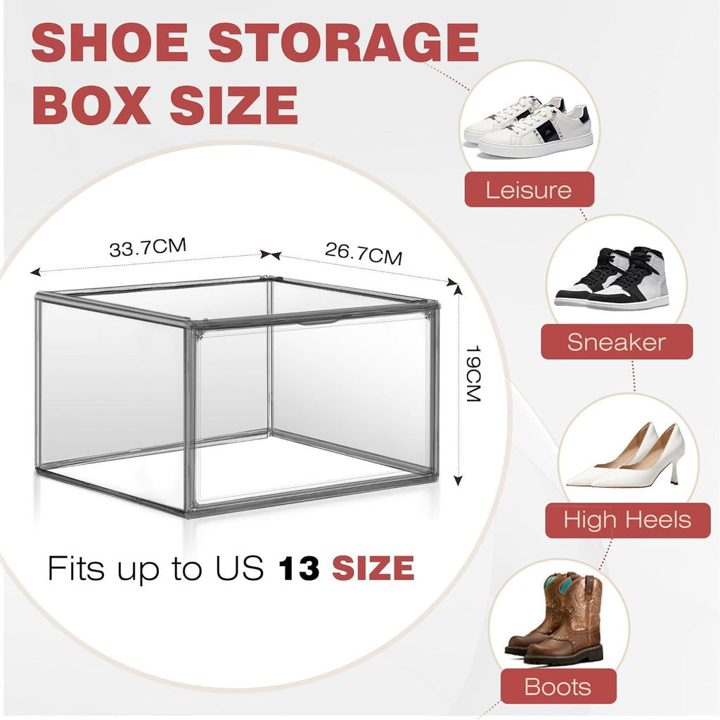 4 Pack Grey Shoe Storage Boxes Clear Plastic Stackable Shoe Display Case with Magnetic Door, Easy