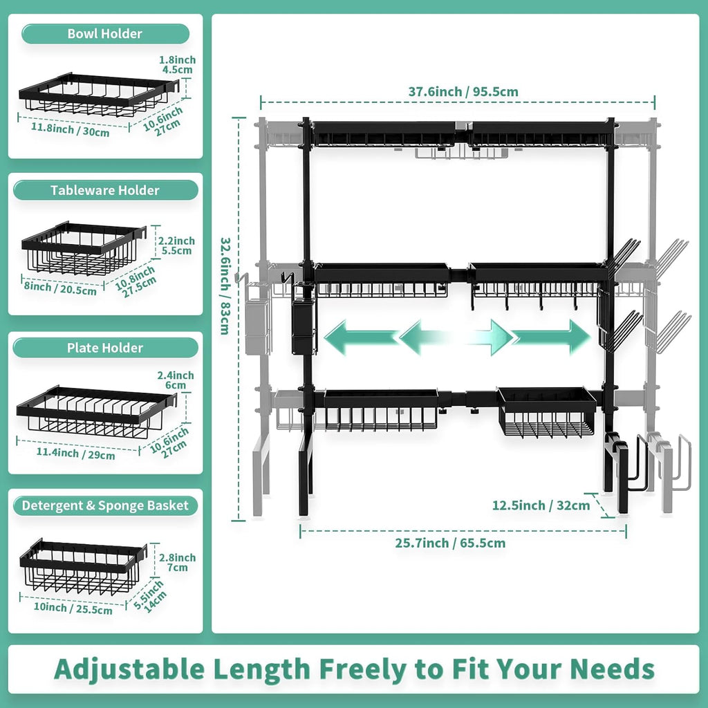 Over The Sink Dish Drying Rack,Expandable Length 3-Tier Large Stainless Steel Over The Sink Dish