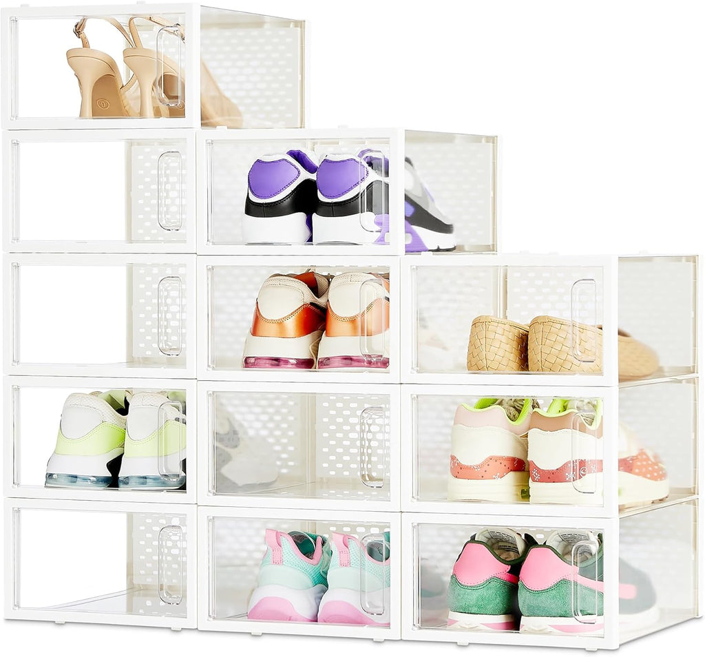 Amazon Basics Stackable and Foldable Clear Shoe Storage Organizer Box, Small, Pack of 12