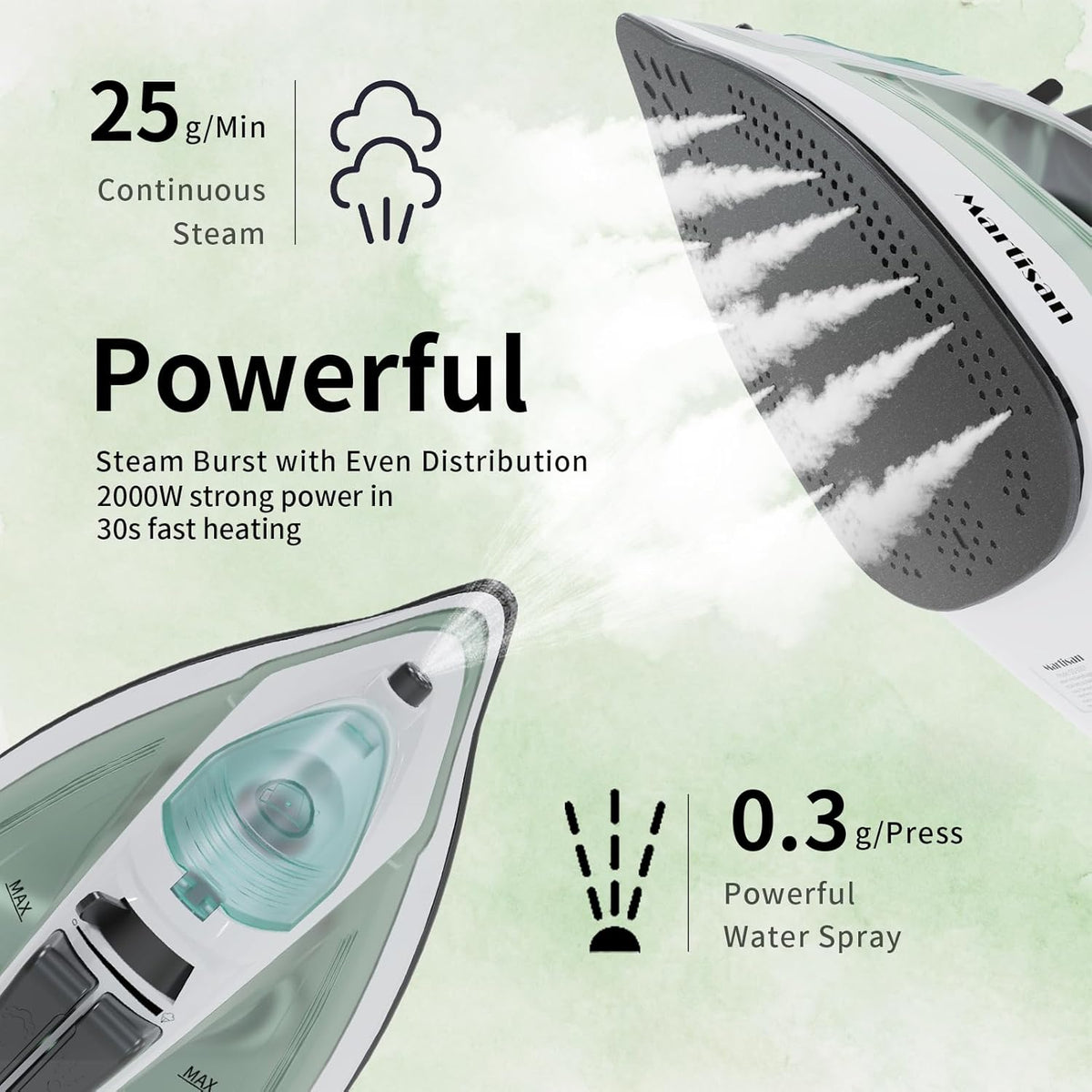 Martisan 2000W Powerful Steamer, Steam Iron for Clothes, Non-stick Soleplate, 4-in-1 Iron, Anti