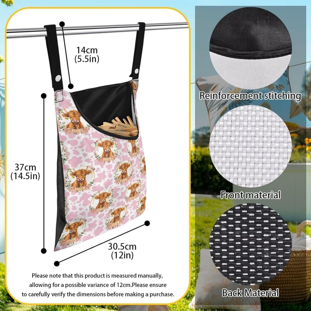 Cattle Clothespin Bags with Hanging Rope Pink Cow Print 14.5 x 12 Inch Summer Waterproof Laundry