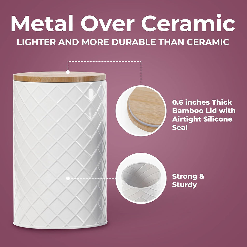 Pebble & Stem® White Metal Canister Set for the Kitchen Counter, Food Canister Set of 4, Airtight