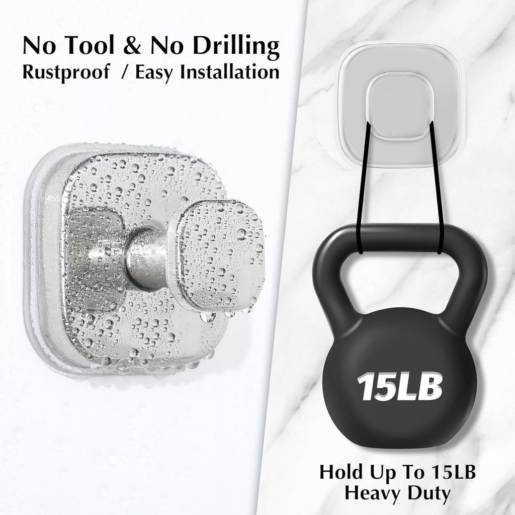 Suction Cup Hooks for Shower - Reusable No-Drill Mounting - Hooks for Towels, Robes & Loofah on