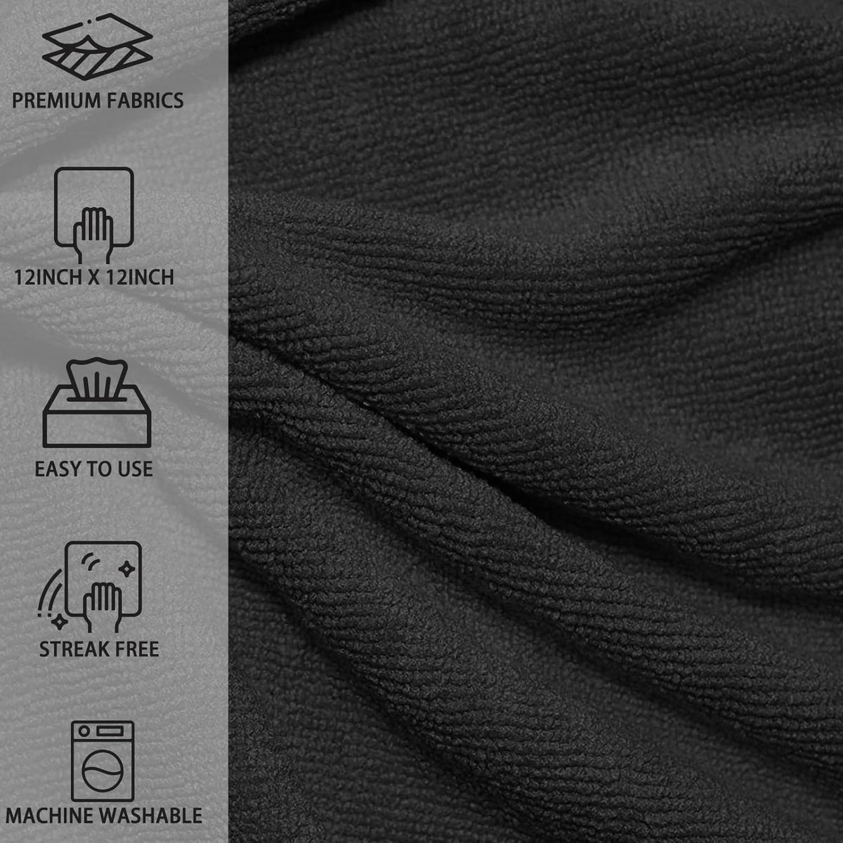 MRD's Home 12" x 12" Black Microfiber Cleaning Cloth,40Pack Multi-Purpose Reusable Cleaning Cloth