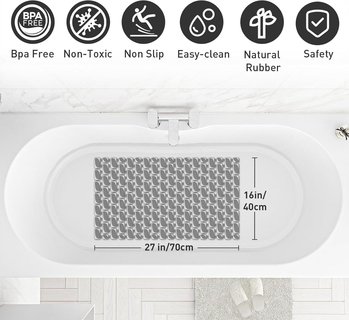 Bath Mat for Tub Non Slip Shower Mat for Elderly - 27 x 16 Inch Soft Durable Bathtub Mat Non Slip