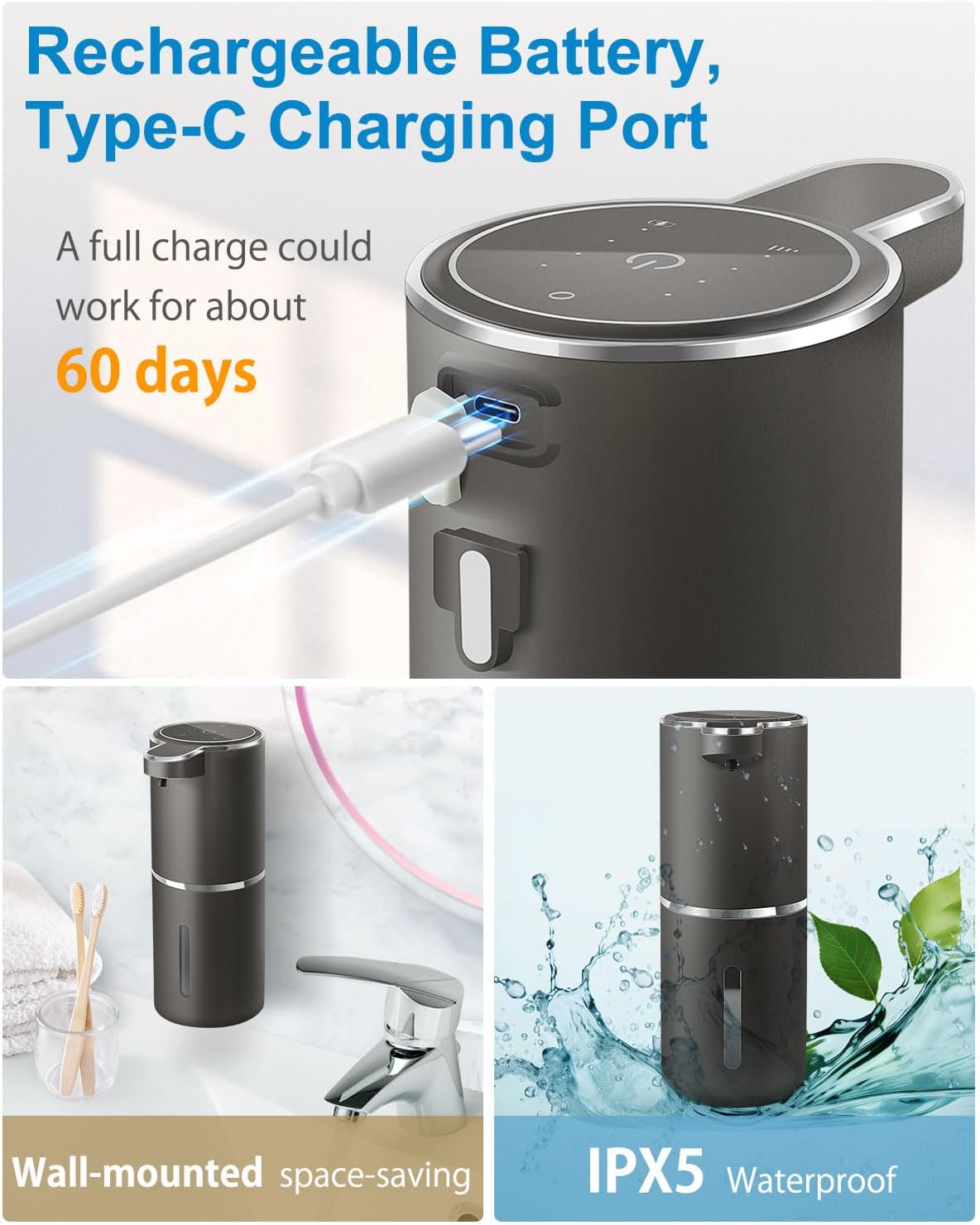 Automatic Liquid Soap Dispenser,4-Level Adjustable, Wall Mount,USB Rechargeable,12.8oz/