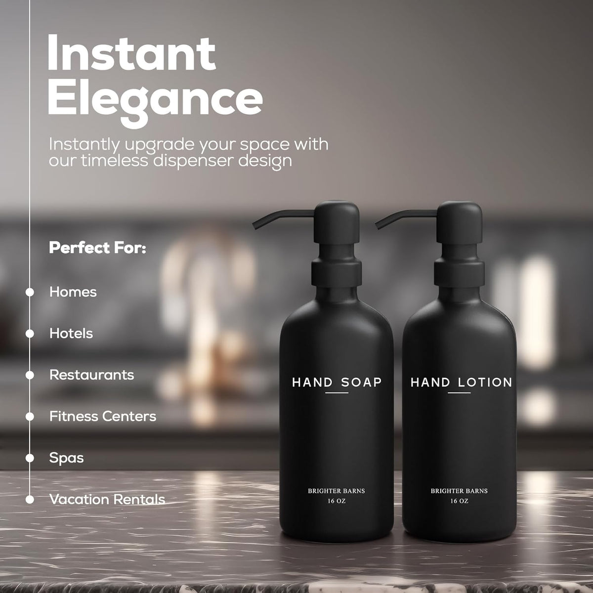 Black Glass Soap and Lotion Dispenser Set by Brighter Barns - Hand Soap Dispenser Bathroom Set