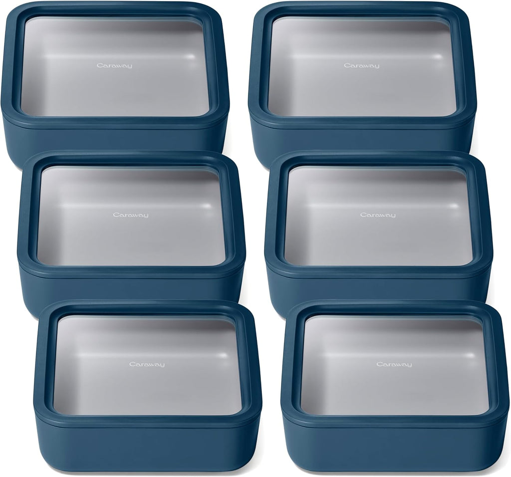 Caraway 6pc Glass Food Storage Set – 10 Cup Food Containers (6) - Ceramic Coated - Non Toxic, Non