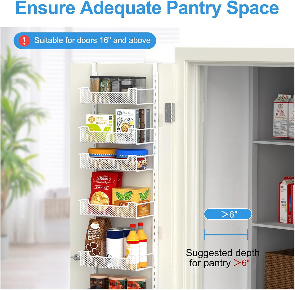 12.3" W Narrow Over the Door Pantry Organizer, 6-Tier Over the Door Organizer with Adjustable