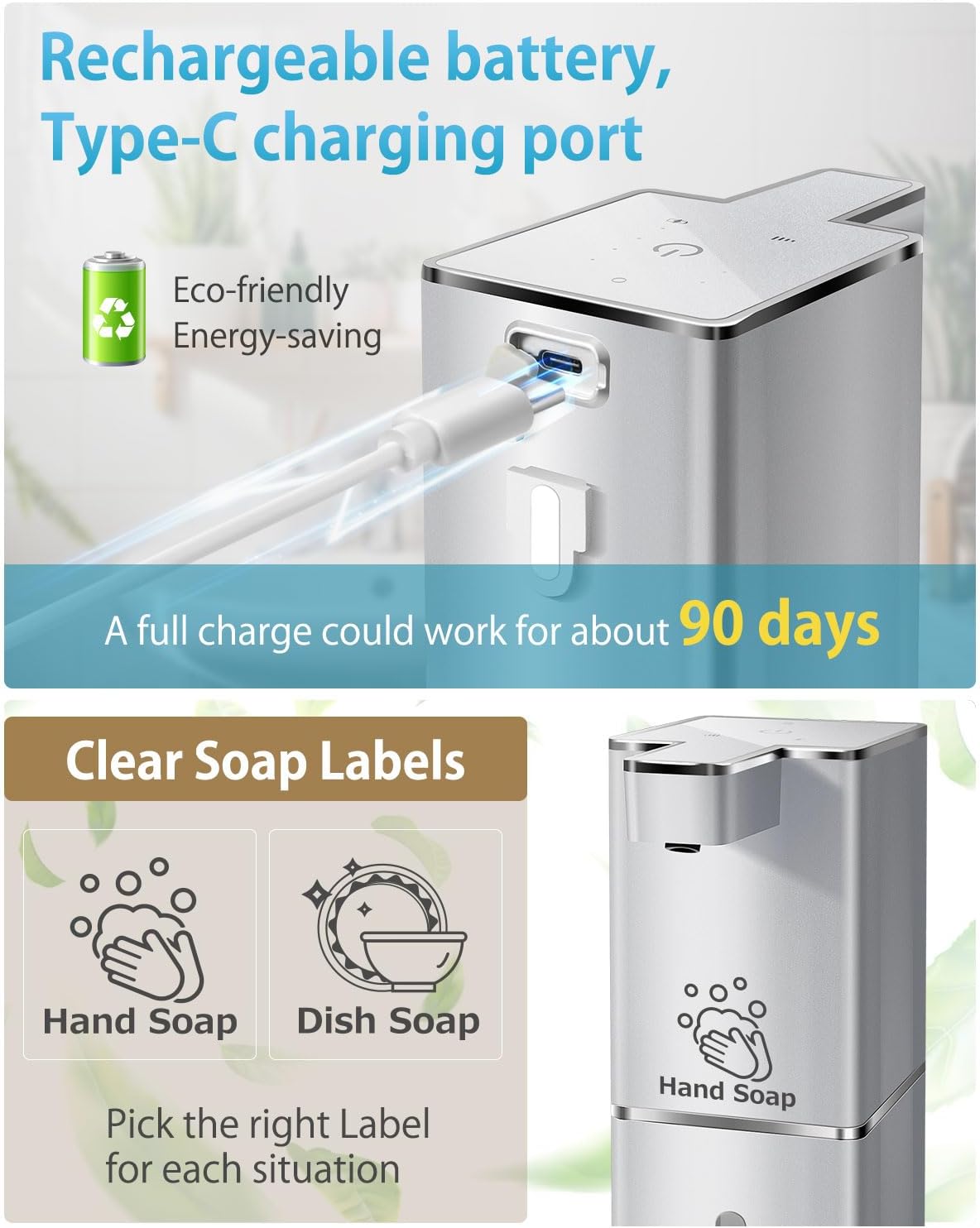 Automatic Foaming Soap Dispenser Touchless 380ml/12.8oz Rechargeable Hand Soap Dispenser Wall