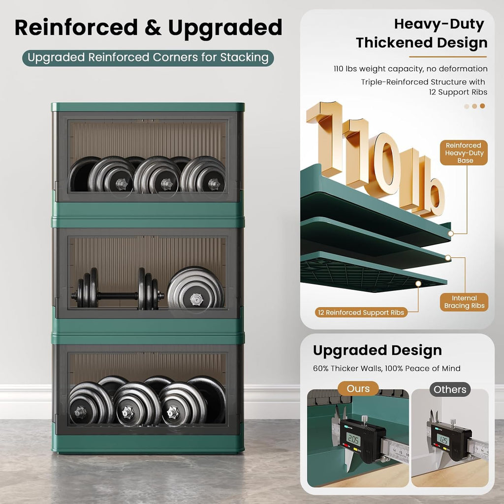 8.4Gal Collapsible Storage Bins with Lids & Wheels - 6 Pack Stackable with Doors, Heavy-Duty