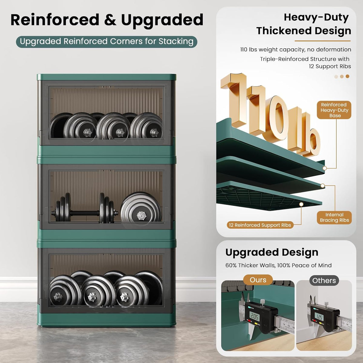 8.4Gal Collapsible Storage Bins with Lids & Wheels - 6 Pack Stackable with Doors, Heavy-Duty