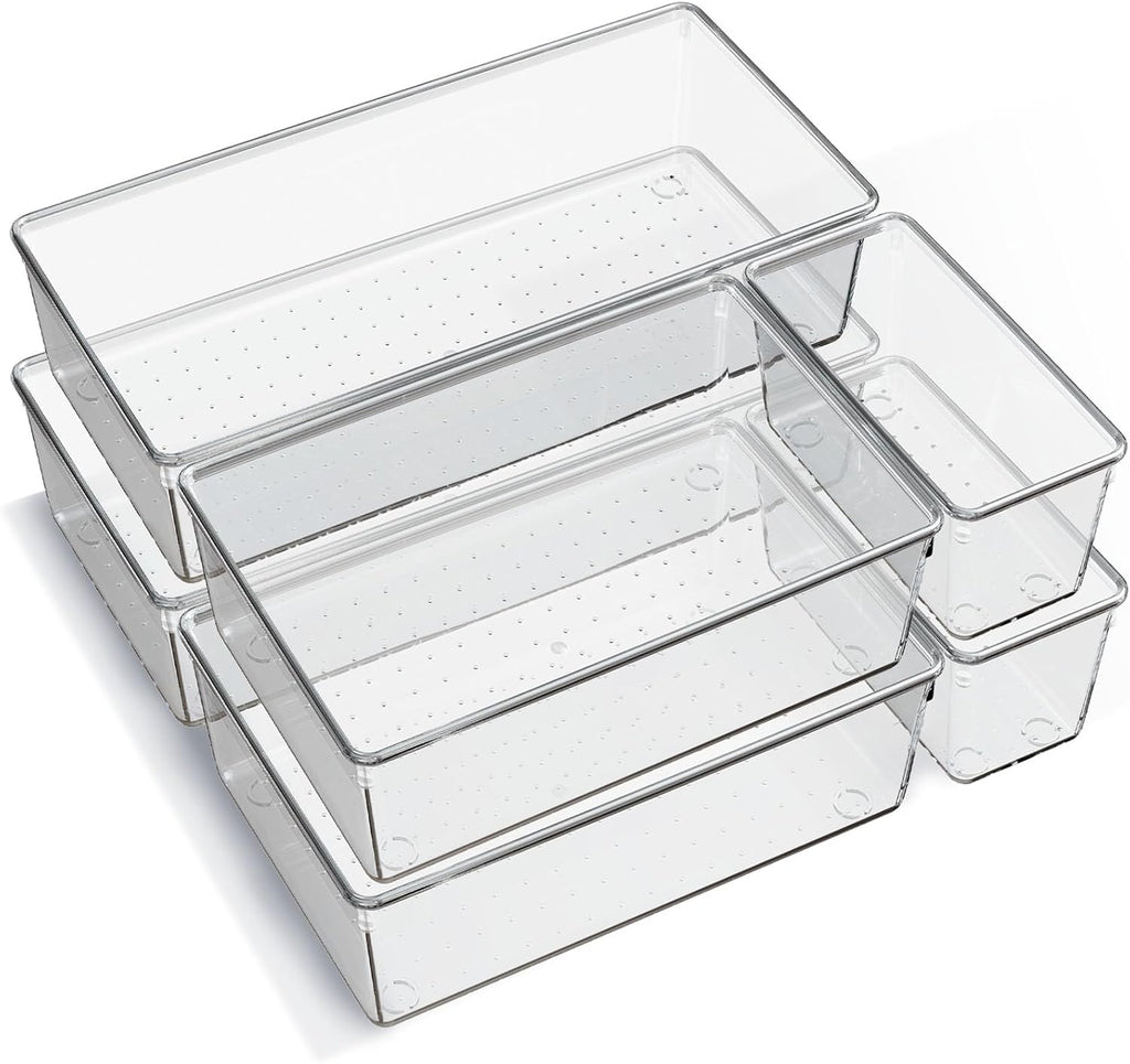 6 Pack Large Clear Plastic Drawer Organizer Trays, Acrylic Kitchen Drawer Organization and Storage