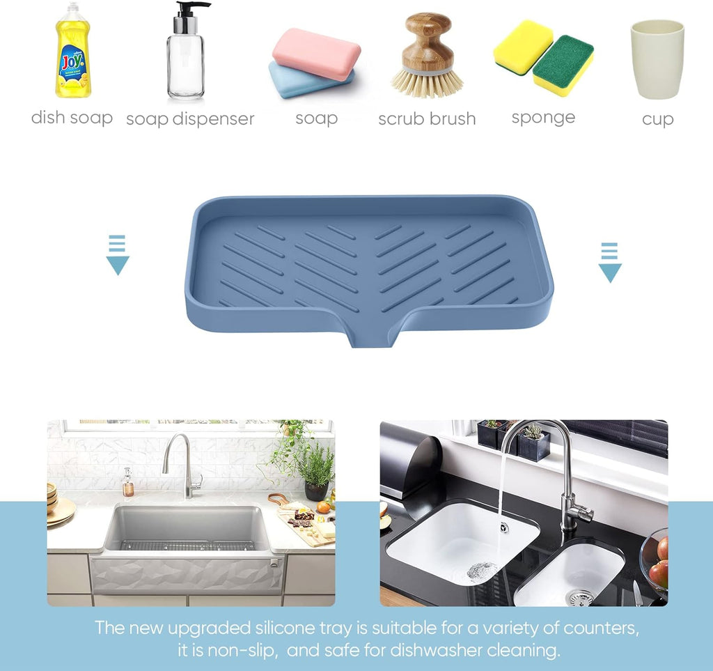 Silicone Sink Tray, Self-Draining Kitchen Soap Tray, Premium Silicone Soap Holder for Bathroom