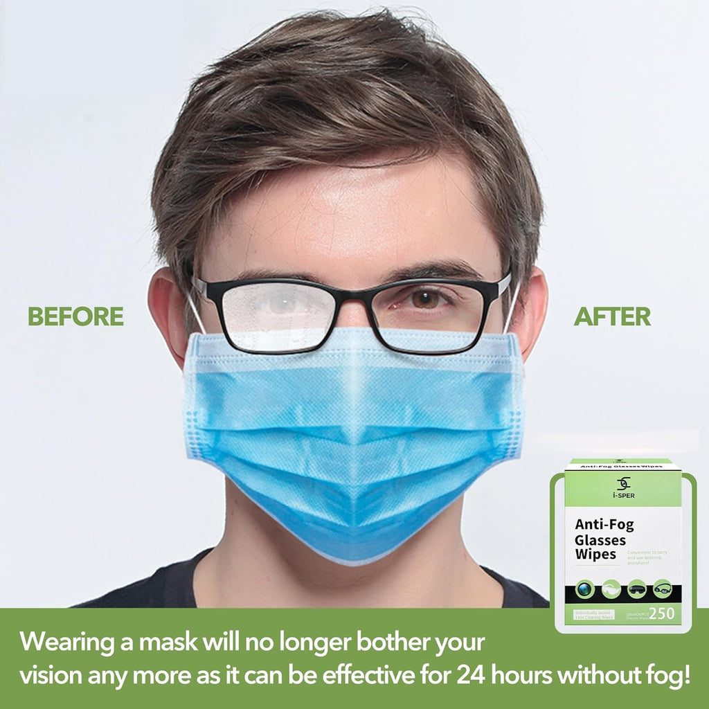 250 Count Anti Fog Lens Wipes for Eyeglasses, Pre-Moistened Individual Wrapped Glasses Wipe Lens