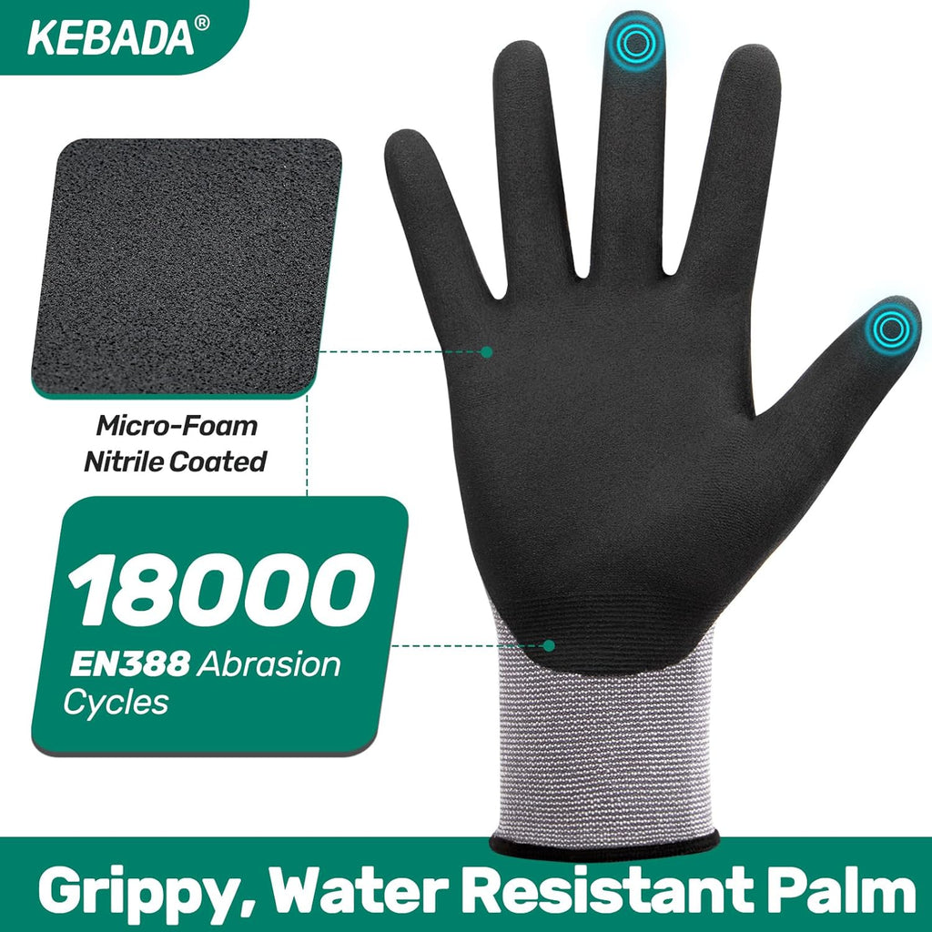 Kebada W2 Safety Work Gloves, Micro-Foam Nitrile Coated Gloves, Touchscreen,Ideal for Package