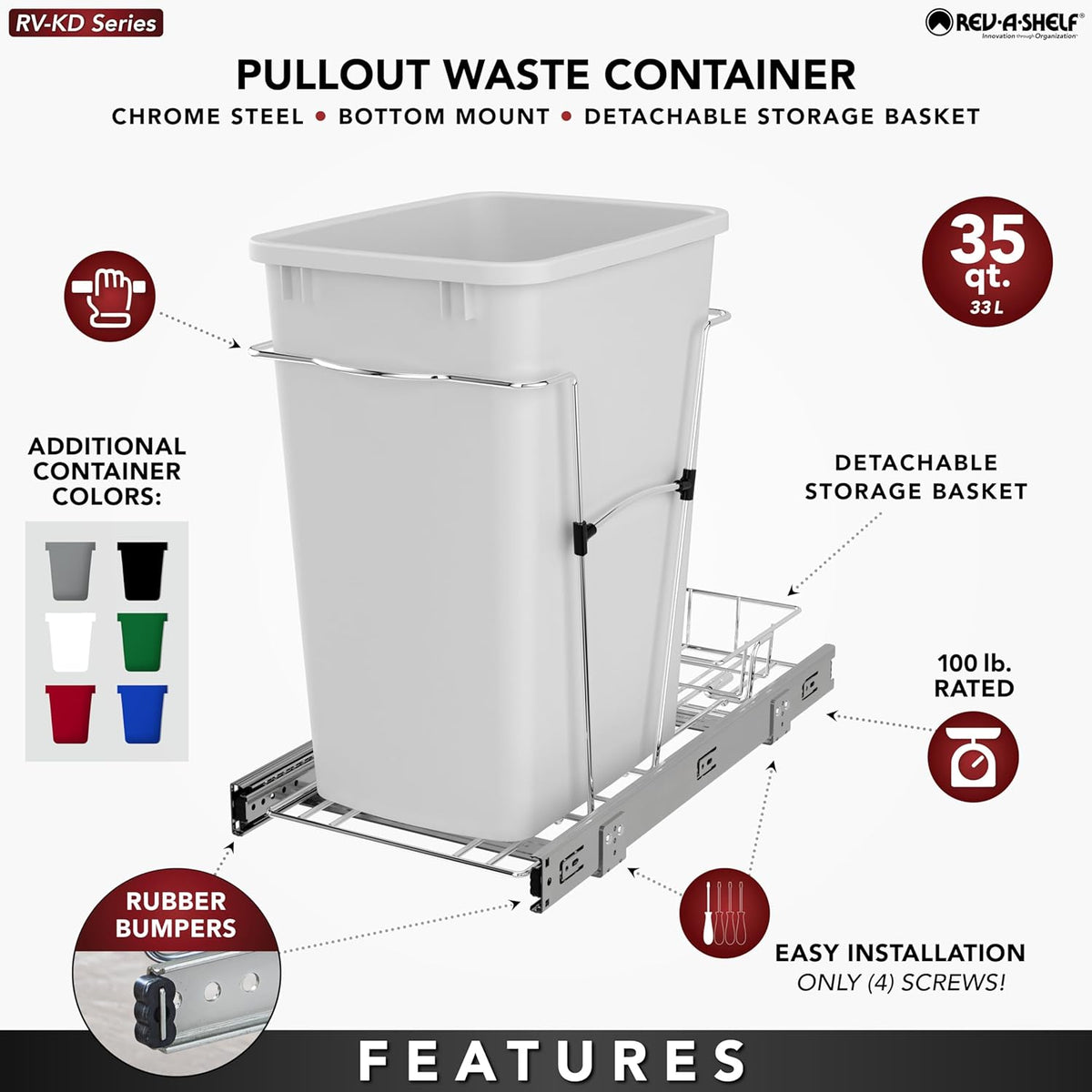 Rev-A-Shelf Pullout Trash Can for Under Kitchen Cabinets 35 Qt Garbage Waste Recyling Bin with Full