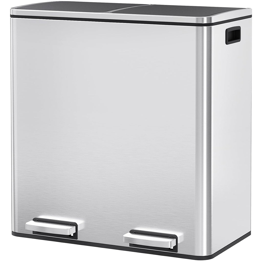 Arlopu 16 GallonStainless Steel Trash Can, 60L Dual Compartment, Metal Kitchen Step Recycle Bin