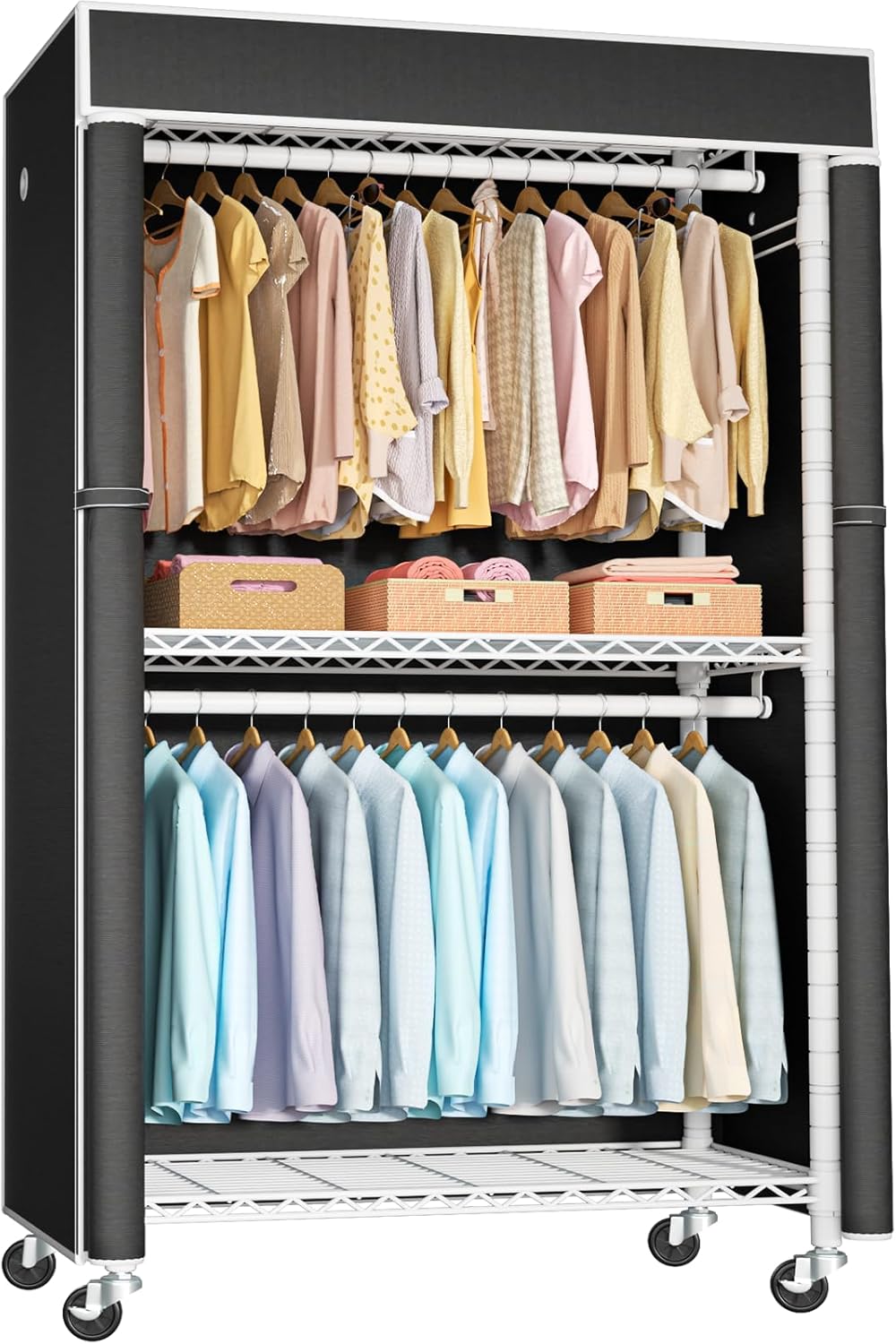 FUTASSI White Clothing Rack with Black Cover, P1C Rolling Closets with Wheels, Metal Garment Rack