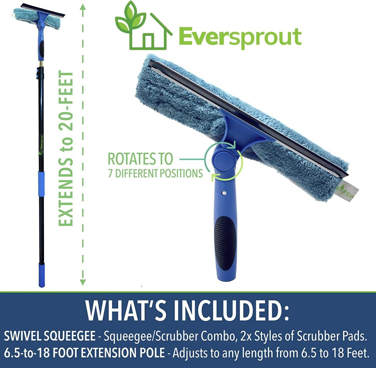 EVERSPROUT 7-to-20 Foot Swivel Squeegee & Microfiber Glass Window Scrubber, Window Squeegee &