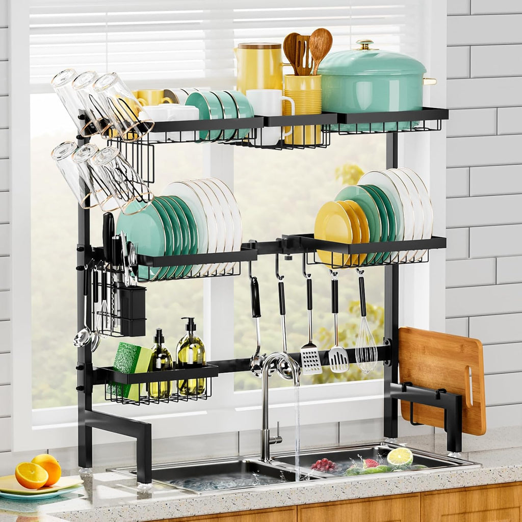 Over The Sink Dish Drying Rack,Expandable Length 3-Tier Large Stainless Steel Over The Sink Dish