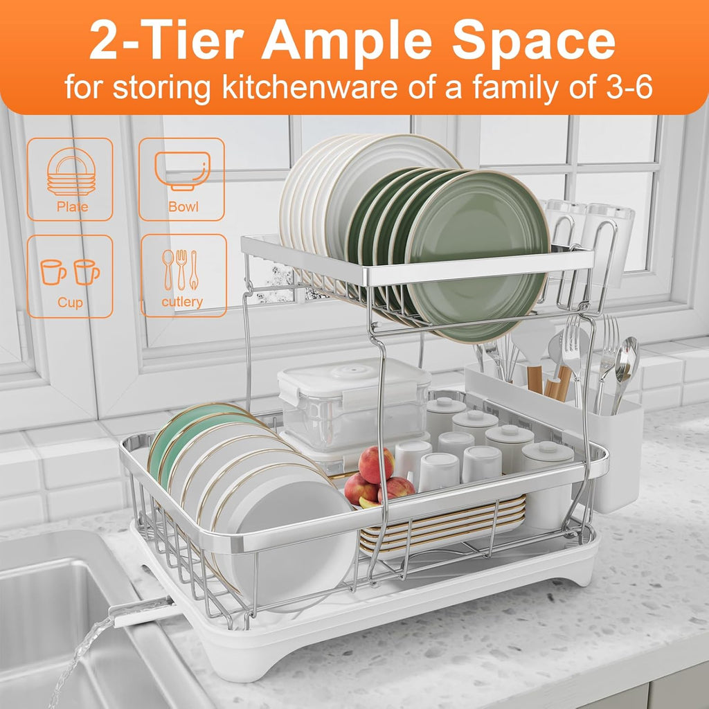 Dish Drying Rack - 304 Stainless Steel Dish Rack for Kitchen Counter, Adjustable Spout