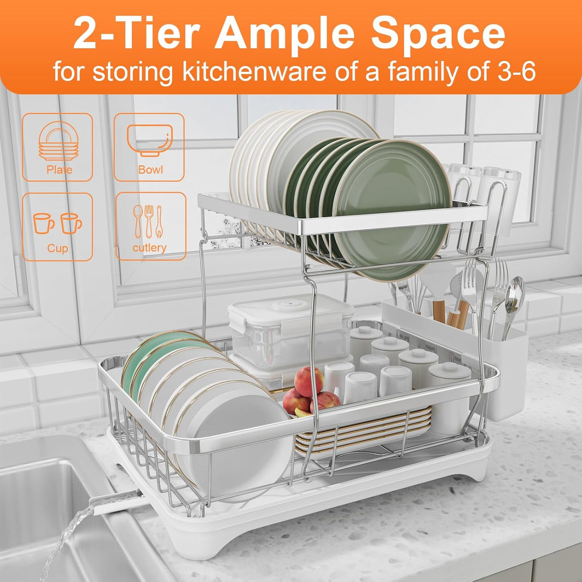 Dish Drying Rack - 304 Stainless Steel Dish Rack for Kitchen Counter, Adjustable Spout
