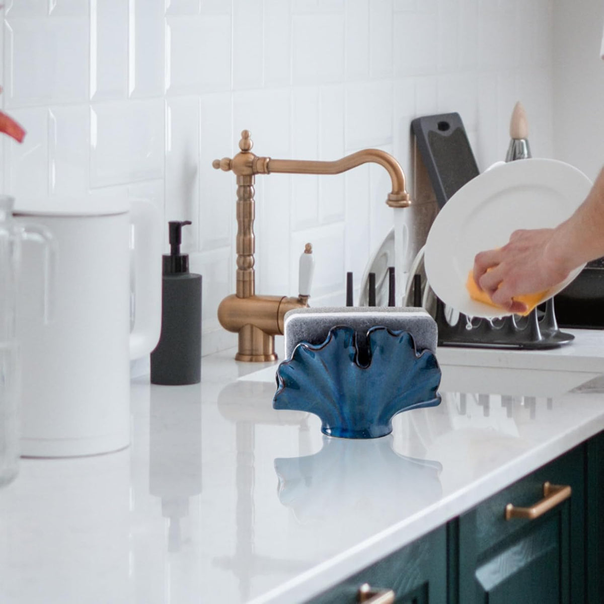 Ceramic Sponge Holder,Sponge Holder for Kitchen Sink,Compact Sink Caddy Organizer-Scouring Pad and