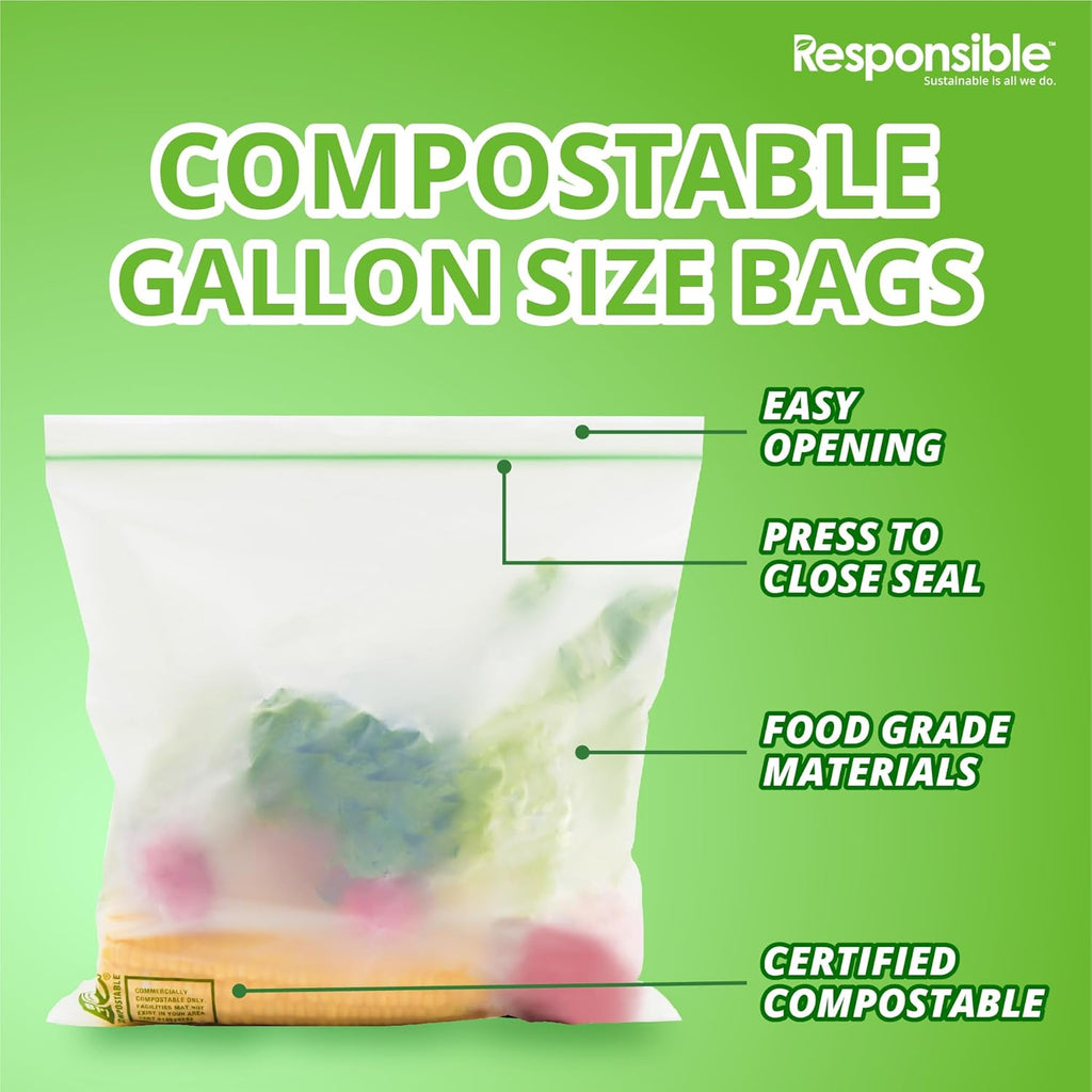 Responsible Products Certified Compostable Large GALLON Resealable Zip Bag, Extra Strength Food