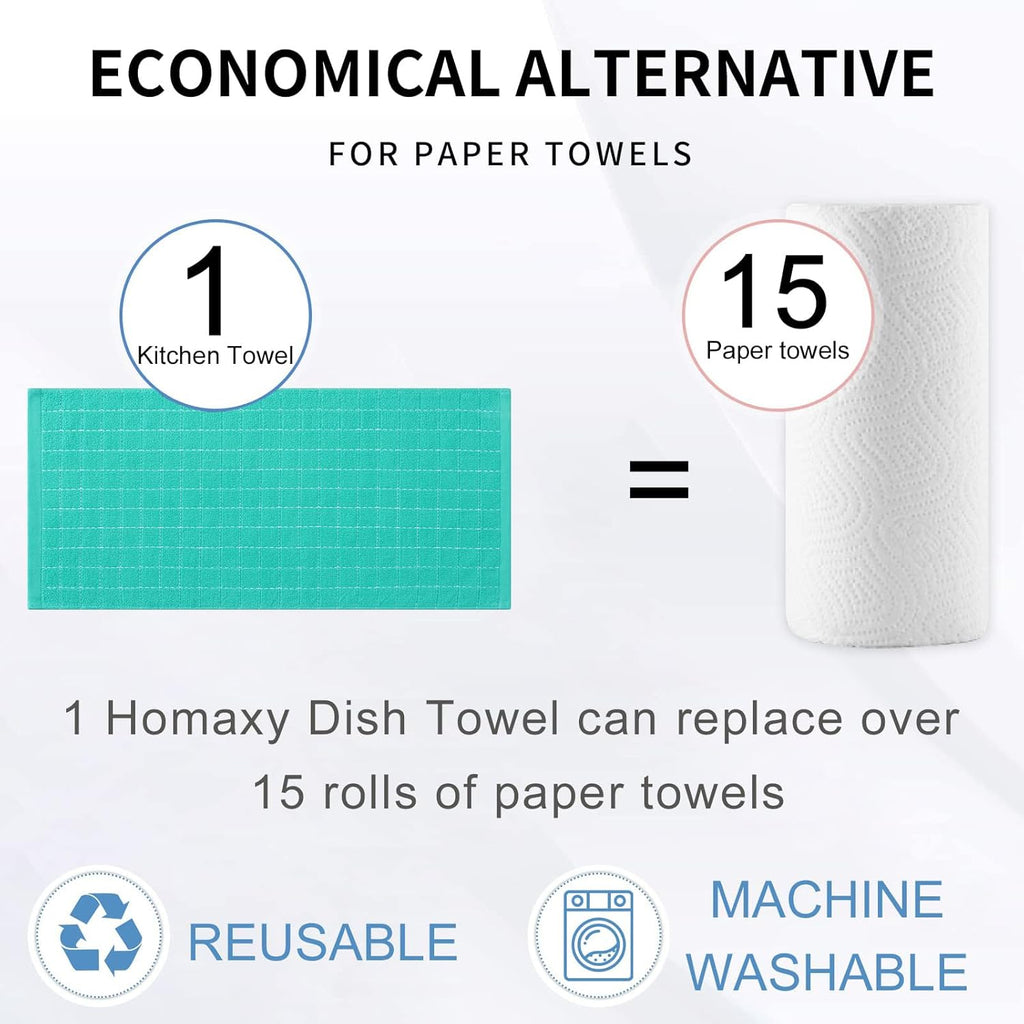 Homaxy 100% Cotton Terry Kitchen Towels(Turquoise, 13 x 28 inches), Checkered Designed, Soft and