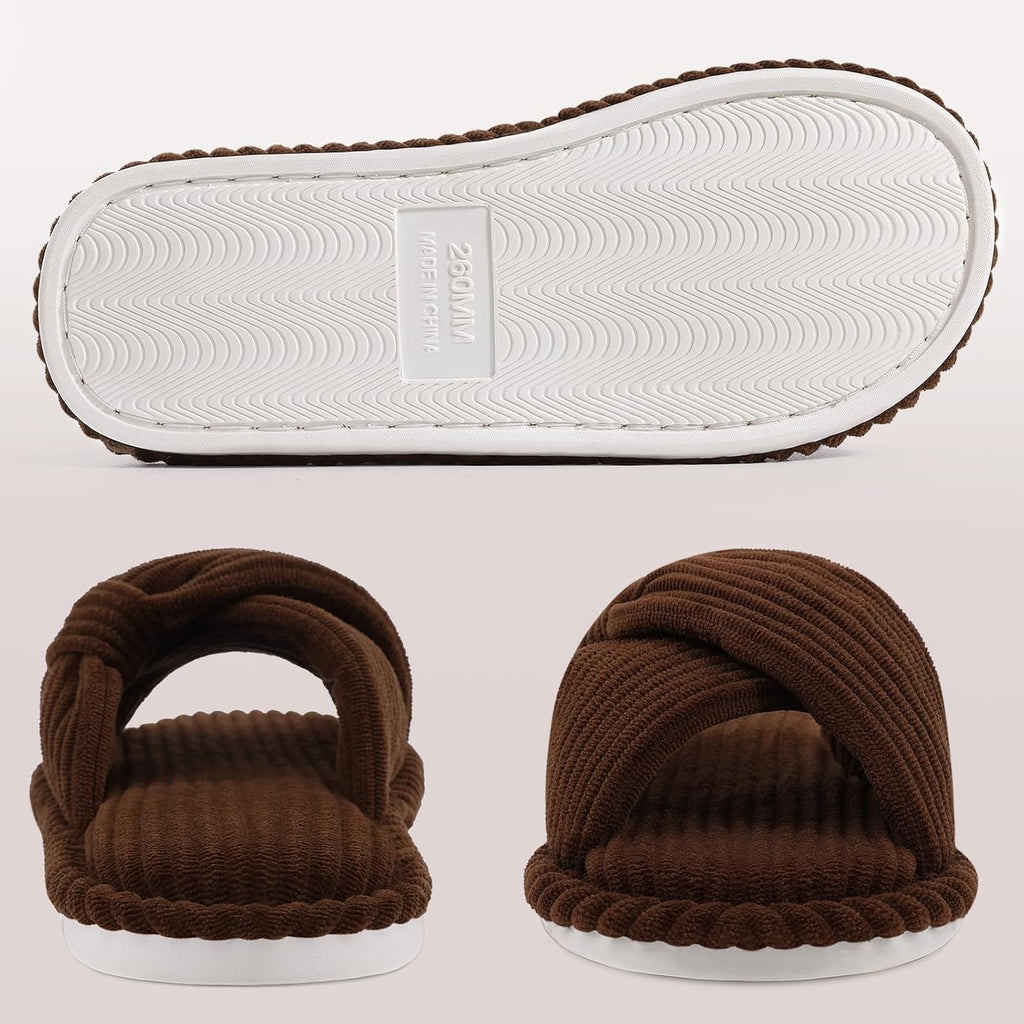 Evshine Summer House Slippers for Women Corduroy Cross Bow Indoor Slippers Open Toe Slip On Bedroom