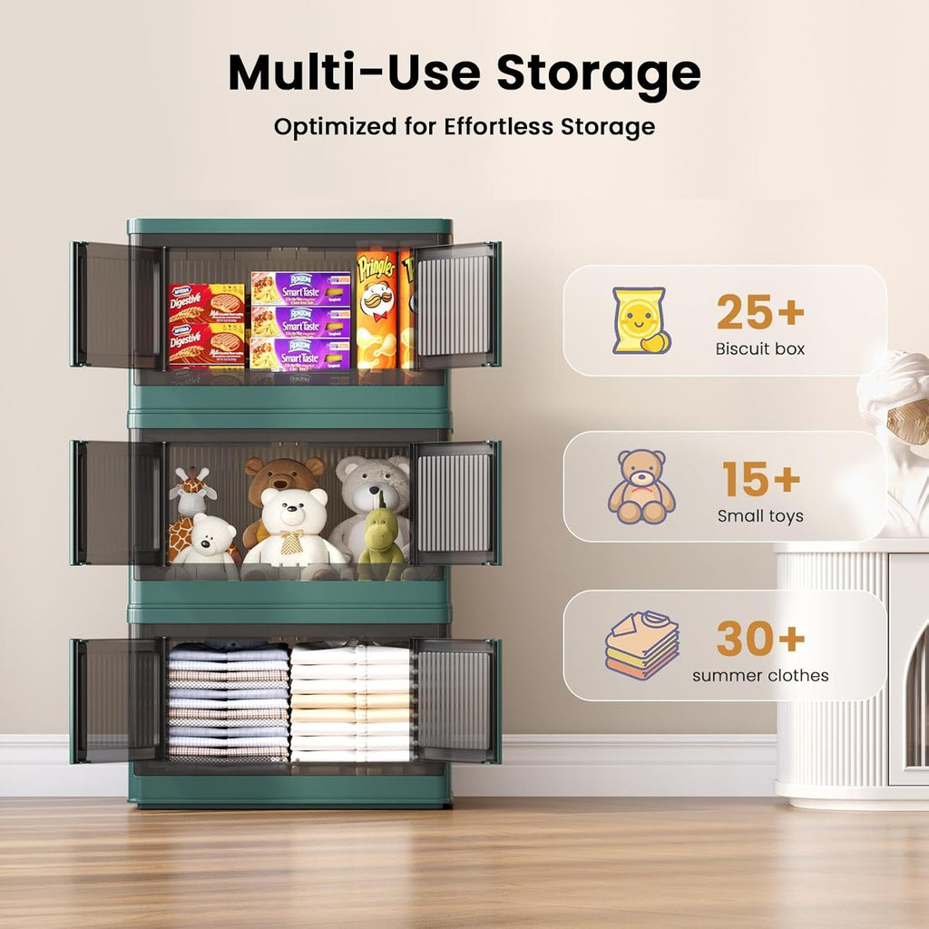 8.4Gal Collapsible Storage Bins with Lids & Wheels - 6 Pack Stackable with Doors, Heavy-Duty