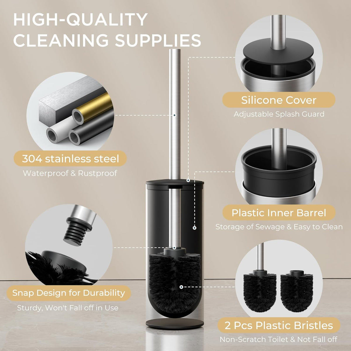 FORIOUS Toilet Brush and Holder Set Brushed Nickel, 304 Stainless Steel Long Handle and Heavy Duty