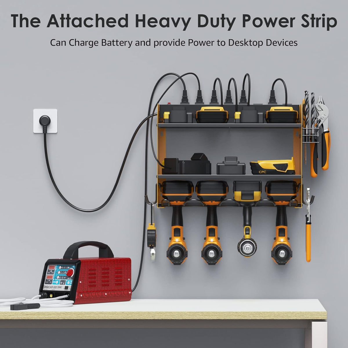 CCCEI Set Power Tool Organizer Wall Mount with Charging Station. Garage 4 Drill Storage Shelf with