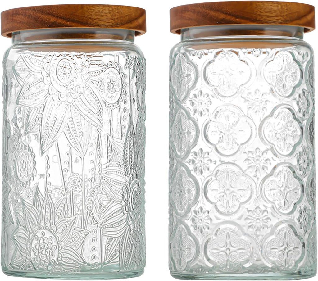 34 OZ/2 PCS Glass Storage Jar with Airtight Bamboo Wooden Lids, Vintage Food Containers Canisters