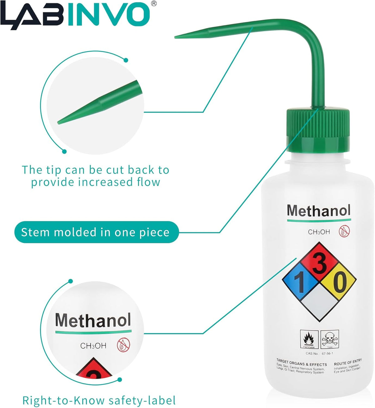 Self-Venting Safety Wash Bottles(Methanol), Pack of 1, With Chemical Name,.Vol.500Ml,Ldpe