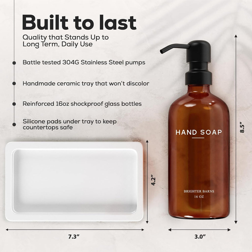 Amber Glass Soap and Lotion Dispenser Set with Tray by Brighter Barns - Hand Soap Dispenser