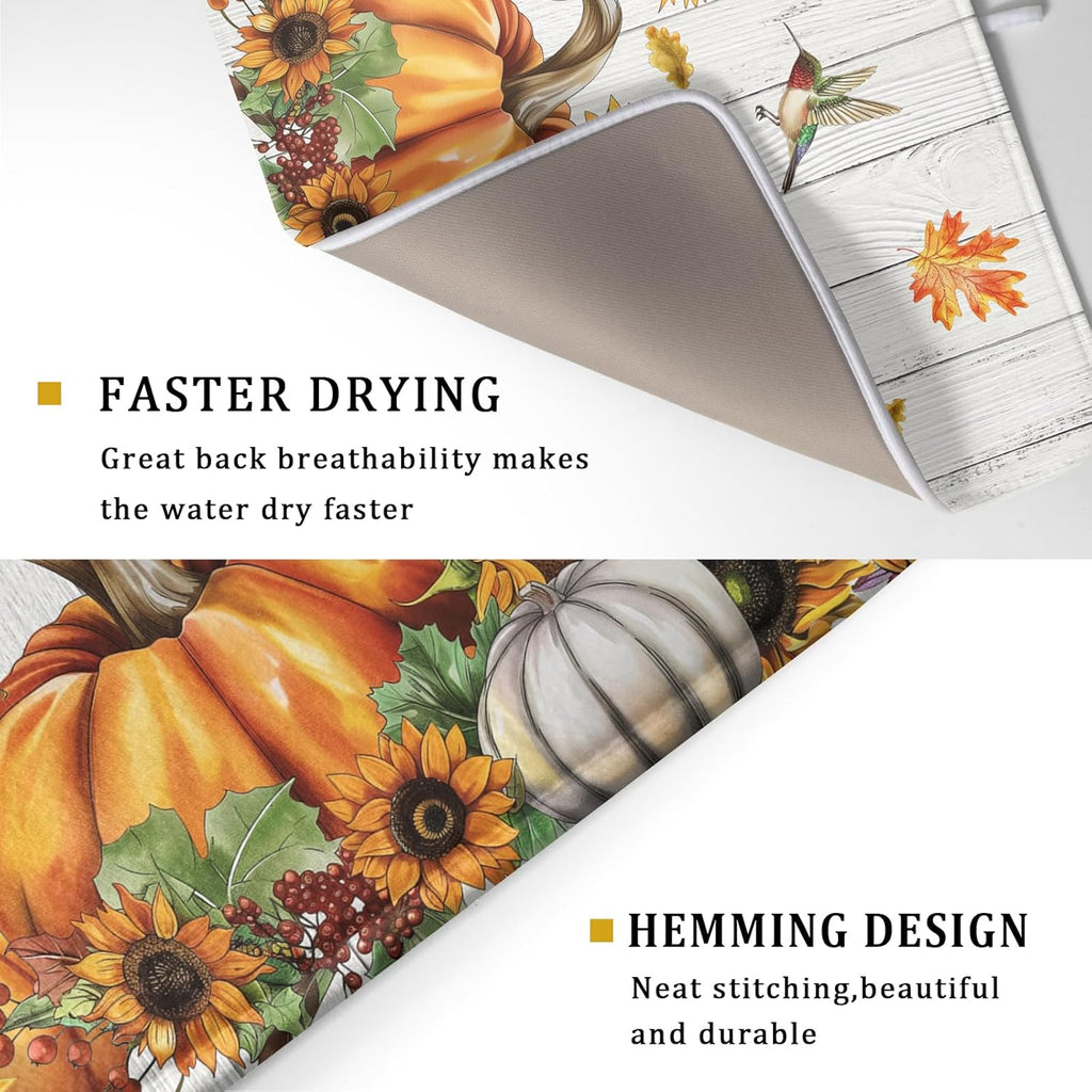 Fall Sunflower Maple Leaves Dish Drying Mat for Kitchen Counter Autumn Harvest Pumpkin Dish Drying