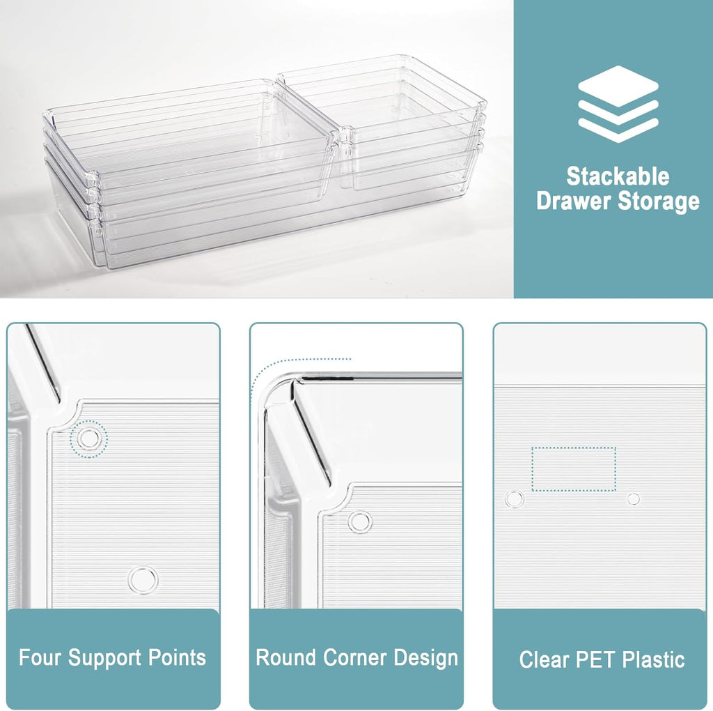 6 Pack Large Clear Plastic Drawer Organizer Trays, Desk Drawer Organizers and Storage Dividers
