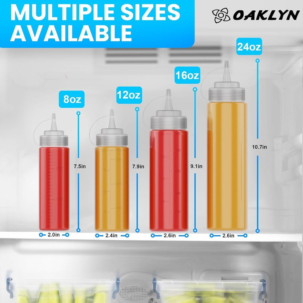 Oaklyn Squeeze Bottles 8oz 6 Pack - Reusable Condiment Bottles for Sauces Liquids BPA-Free Leak