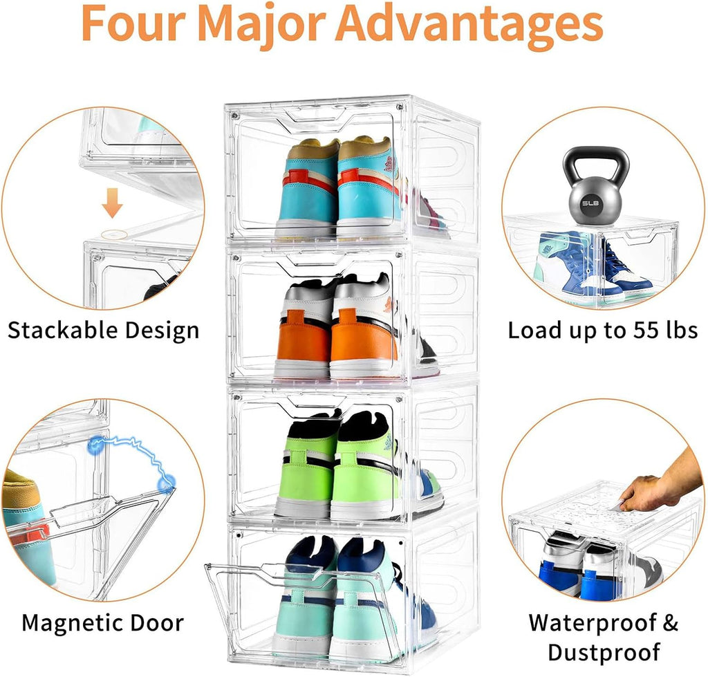 10 Pack Large Shoe Boxes Clear Plastic Stackable,Shoe Storage Organizer with Lids,Shoe Rack for