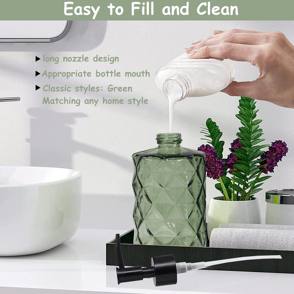 Green Glass Soap Dispenser, 12oz Bathroom Hand Dispenser, Lotion Dispenser with Black Plastic Pump