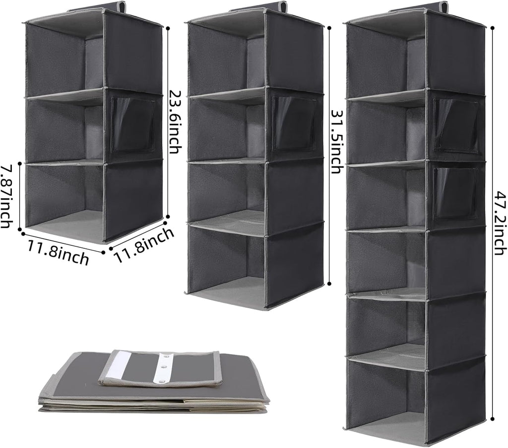2 Packs Hanging Closet Organizer Stroage, 3-Shelf Hanging Shelves with Bamboo Inserts & Side